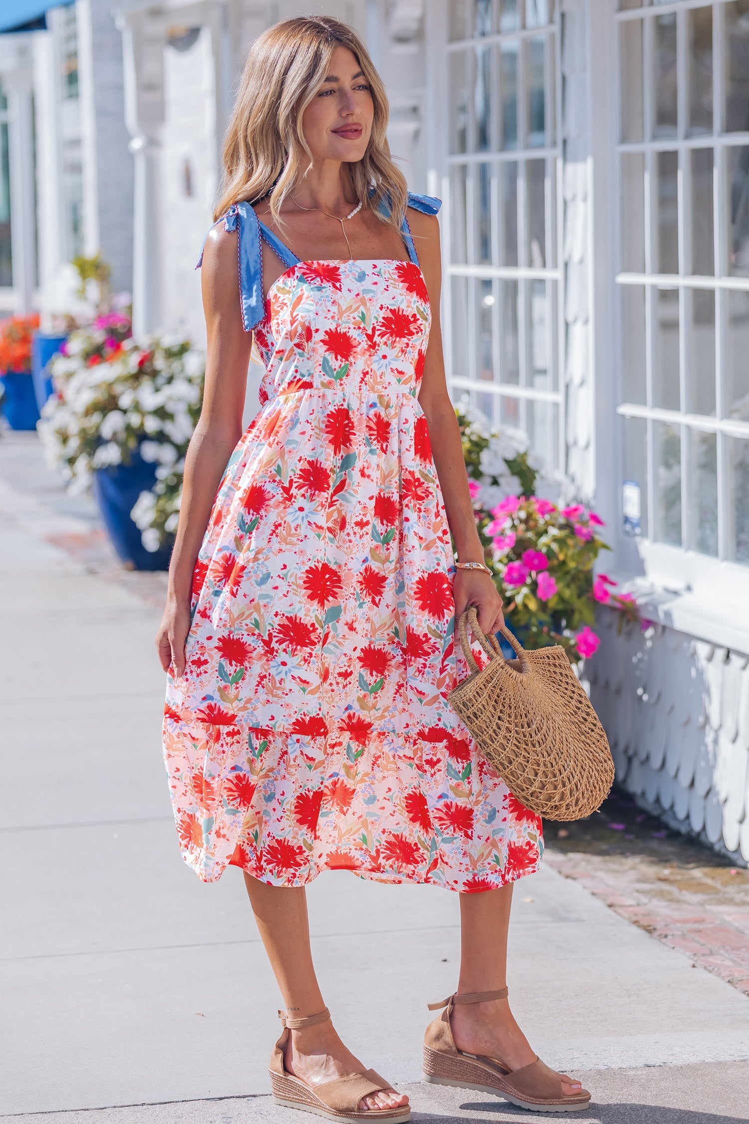 Floral Denim Tie Strap High Waist Maxi Dress