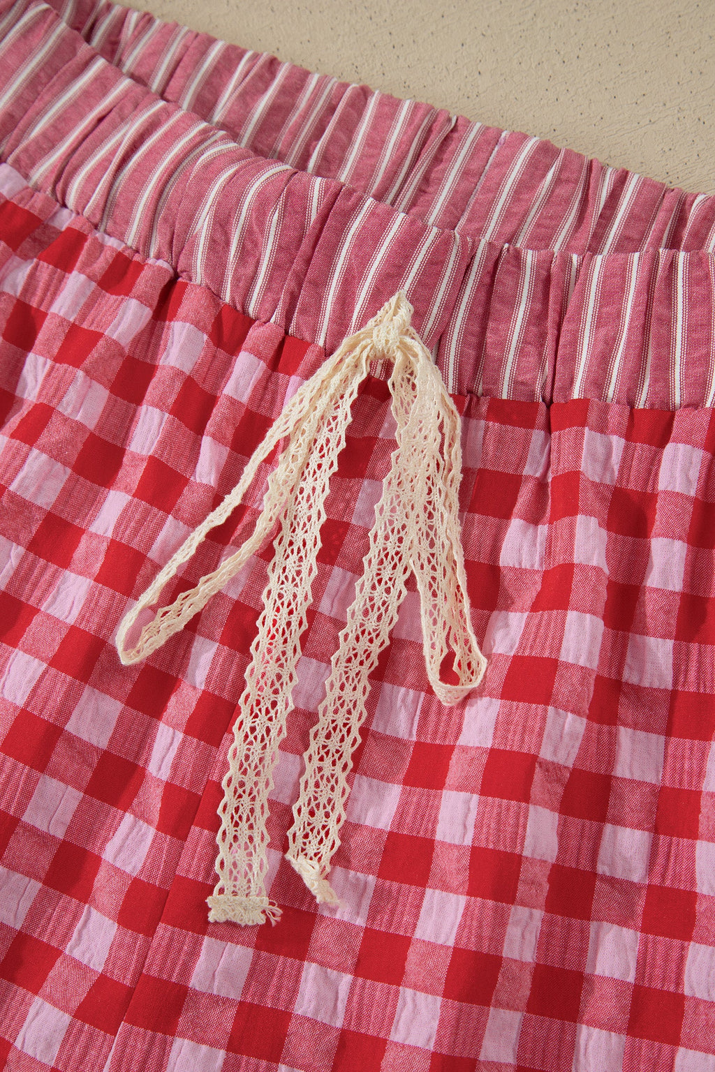 Gingham Ruffle Stripe Patchwork Lace Tie Shorts
