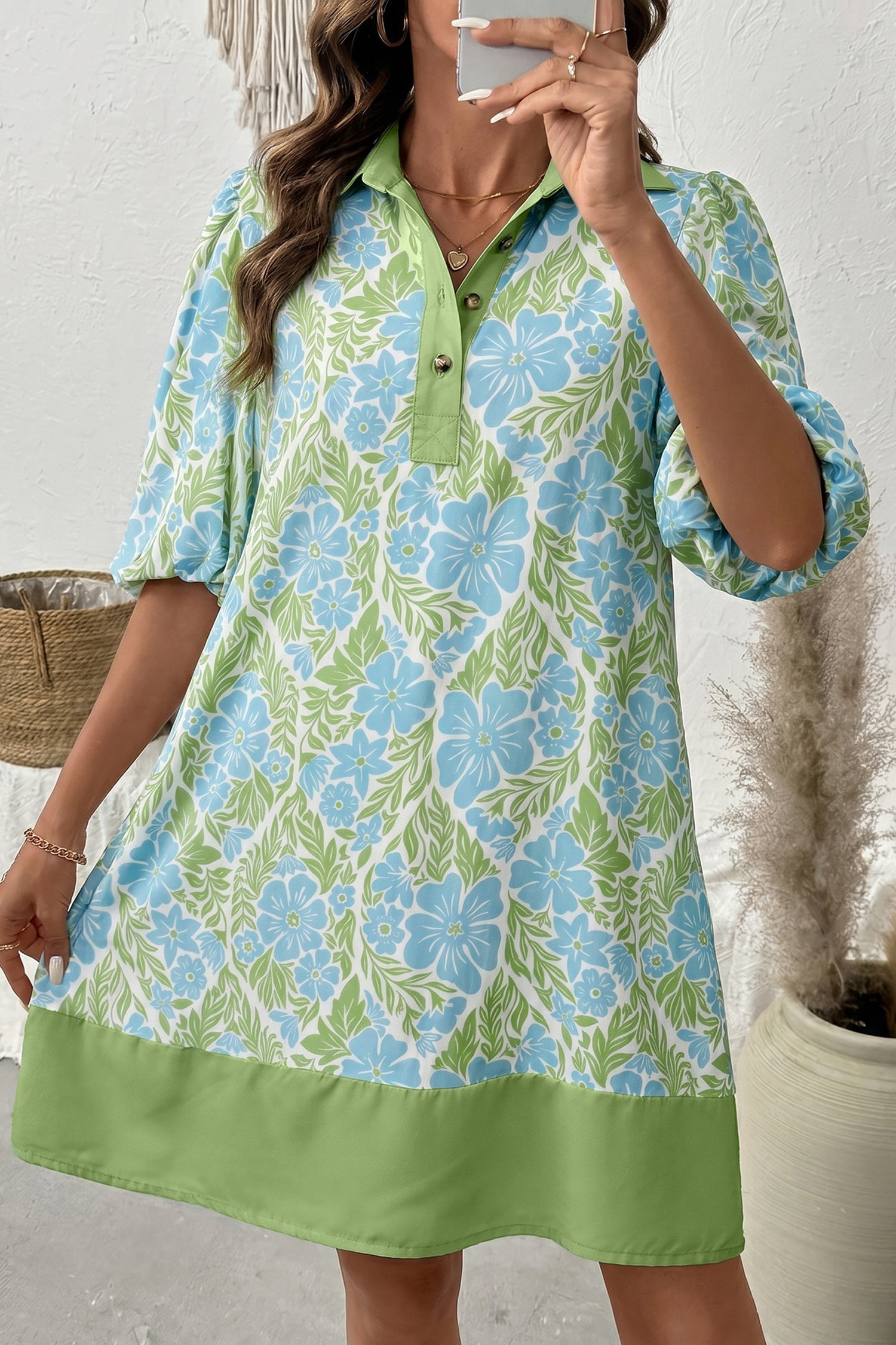 Floral Colorblock Patchwork Collar Mini Dress