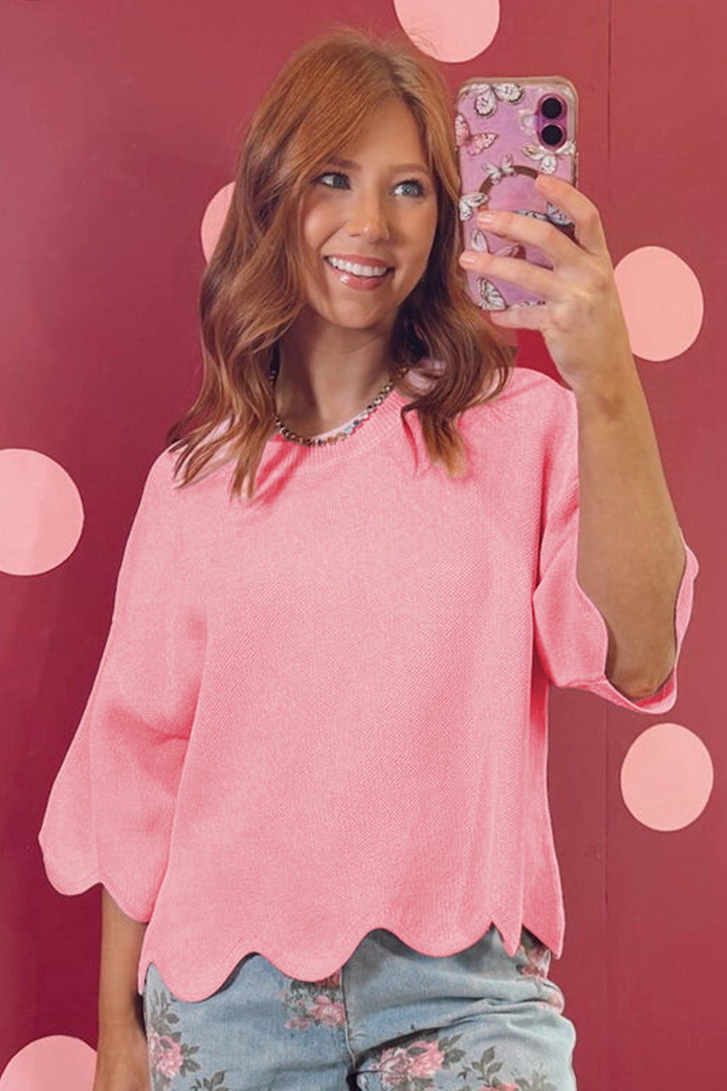 Solid Scalloped Hem 3/4 Sleeve Sweater Top