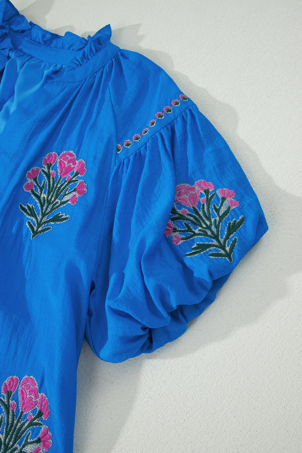 Flower Embroidered Puff Sleeve Ruffle Hem Dress