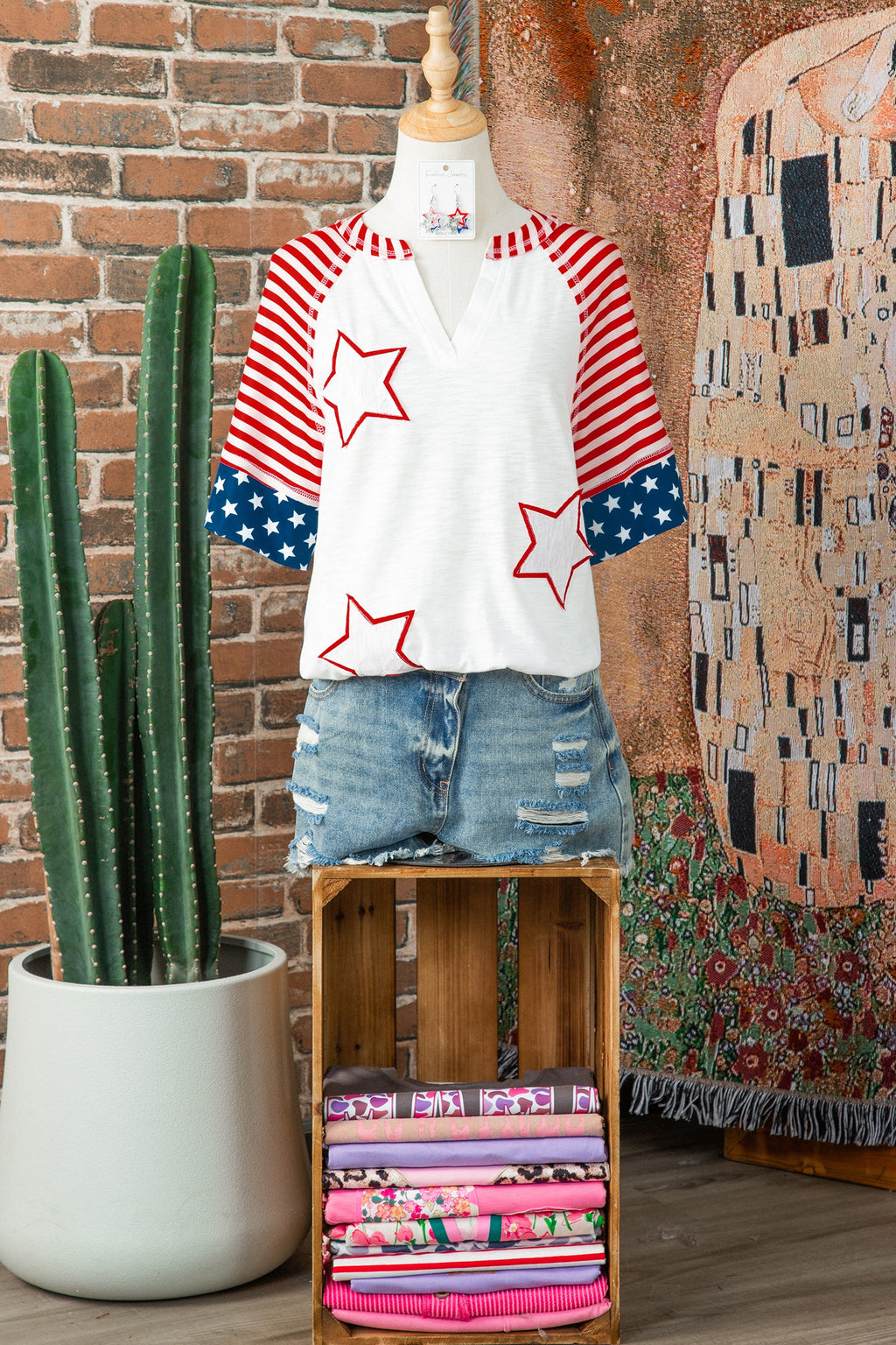 USA Flag Star Patchwork Short Sleeve Top
