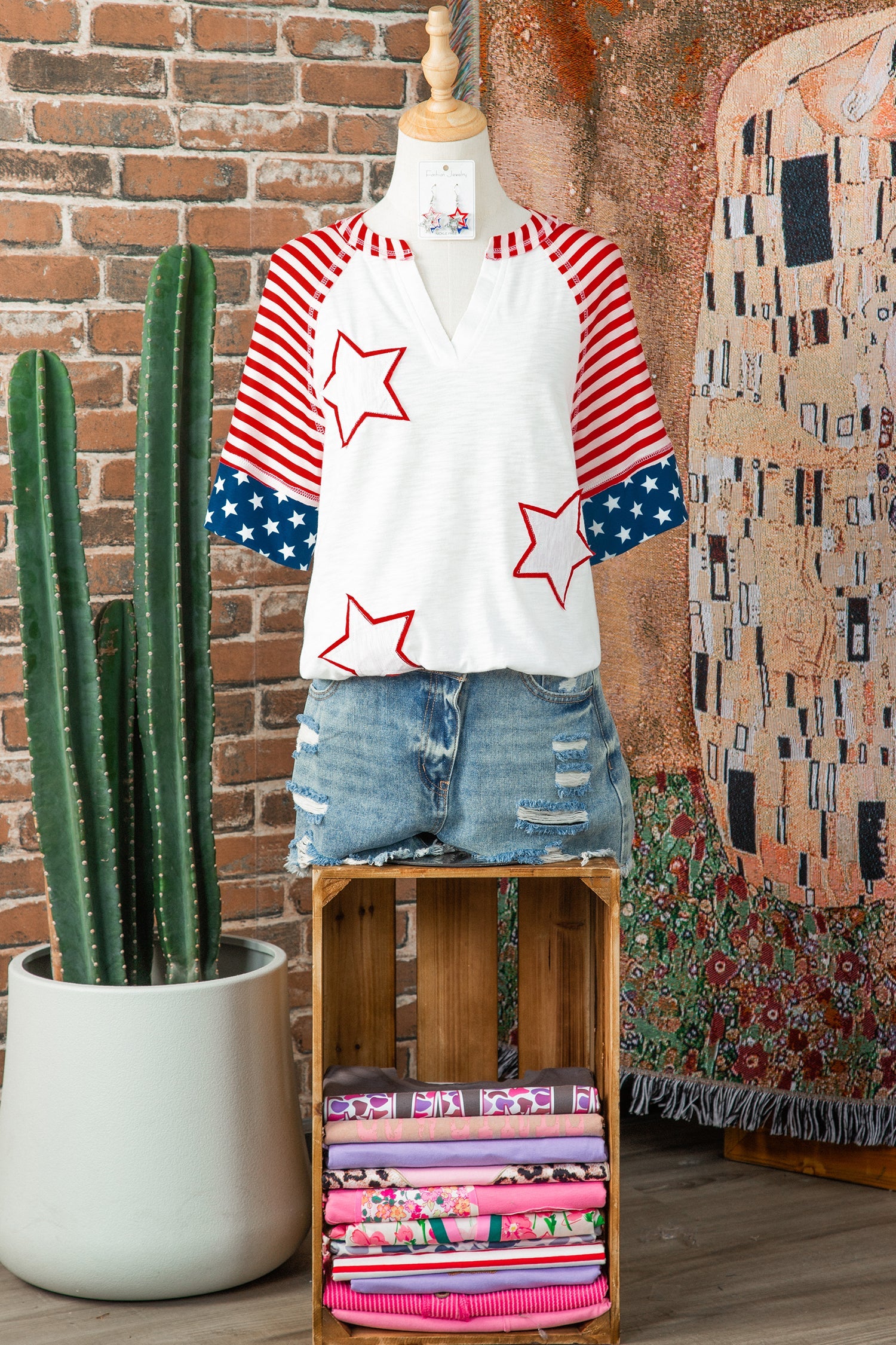 USA Flag Star Patchwork Short Sleeve Top