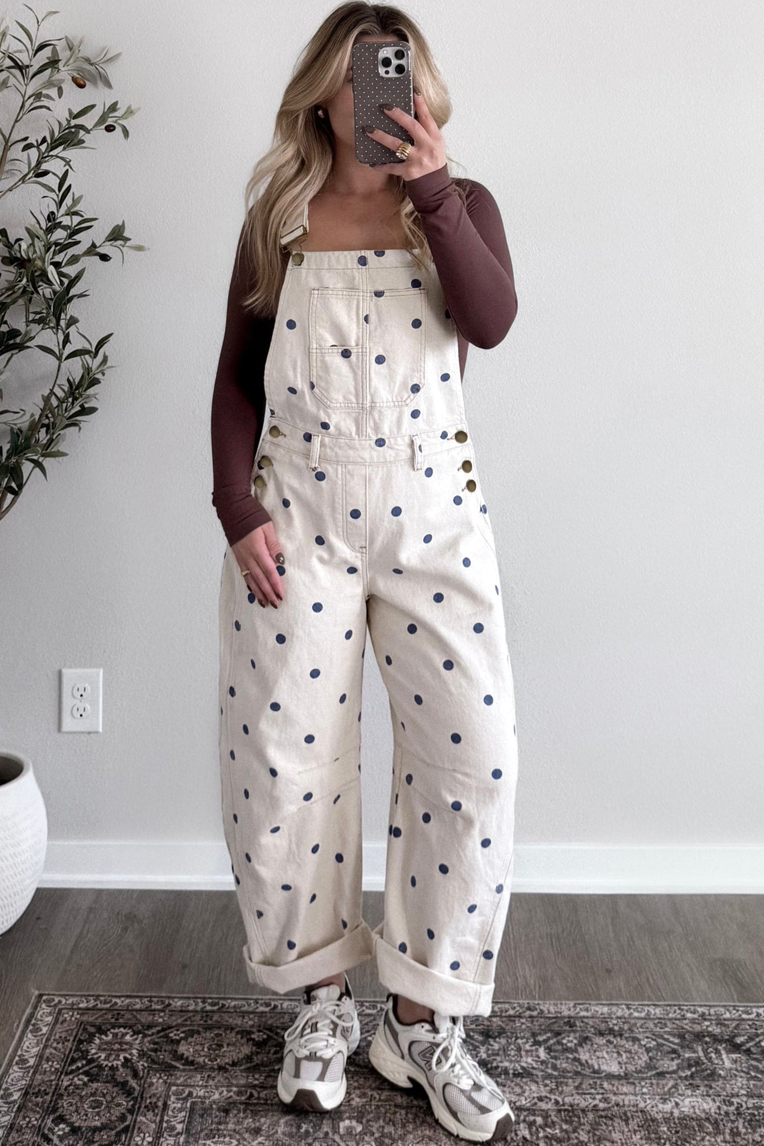 Polka Dot Denim Barrel Leg Overalls Jumpsuit