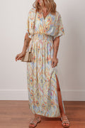 Geometric 3/4 Sleeve Shirred Maxi Dress