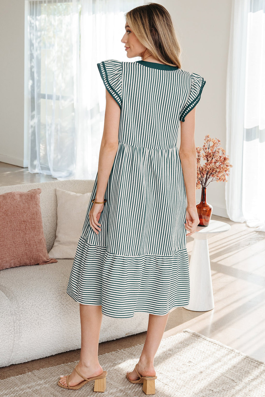 Stripe Ruffle Short Sleeve V-Neck Midi Dress