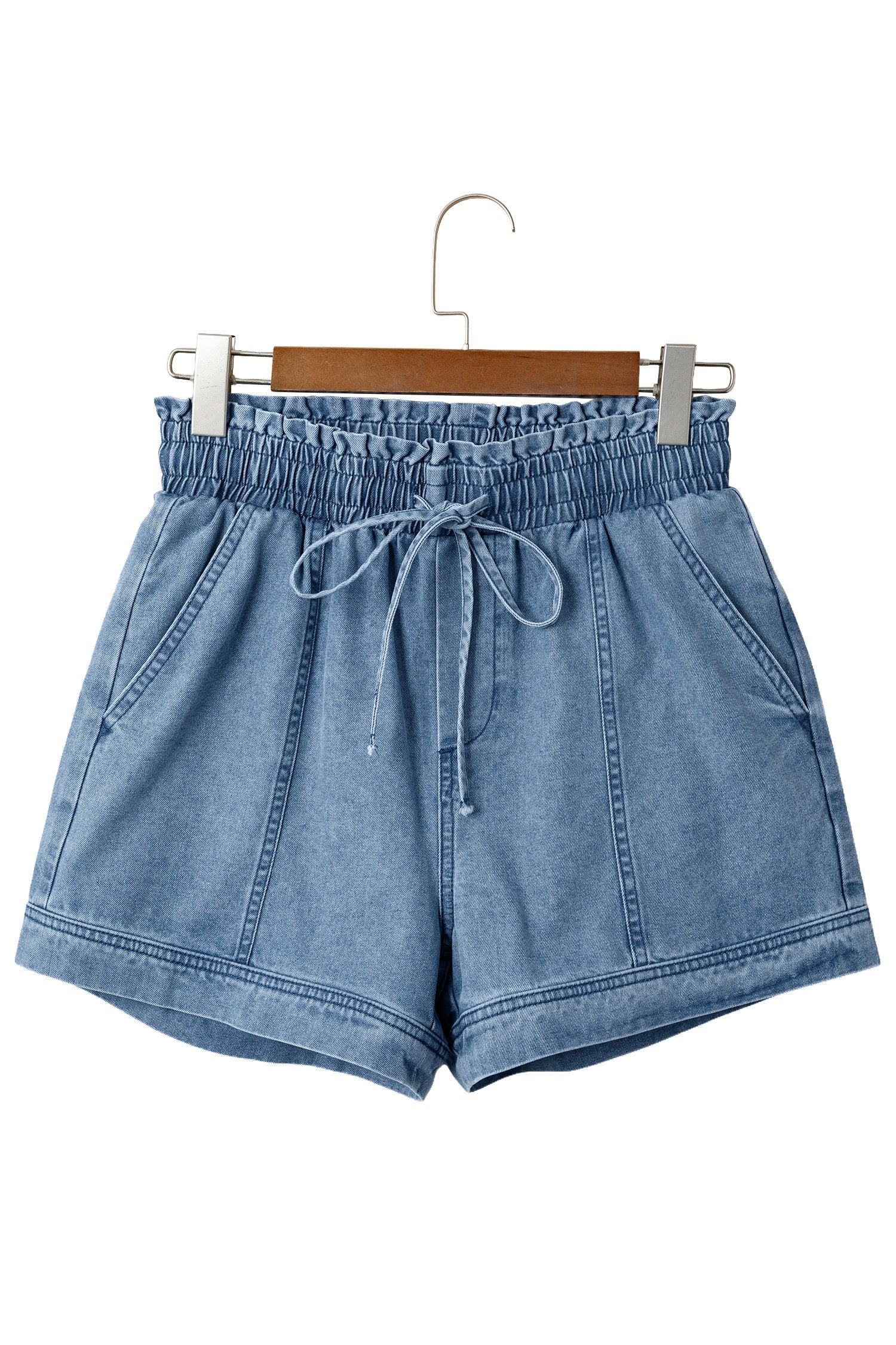 Solid Denim Smocked Elastic Waist Shorts