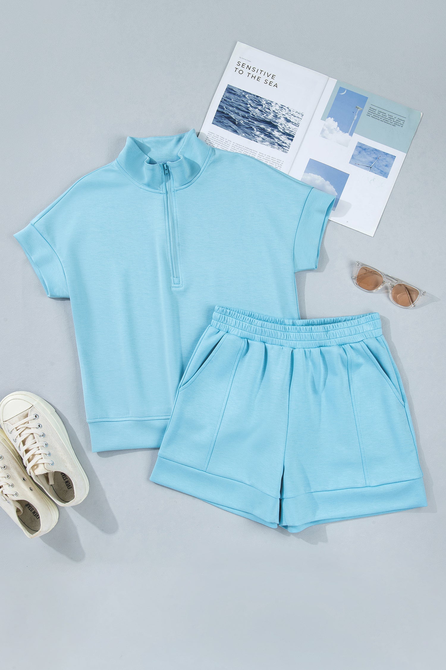 Solid Half Zip Tee & Shorts Athleisure Set