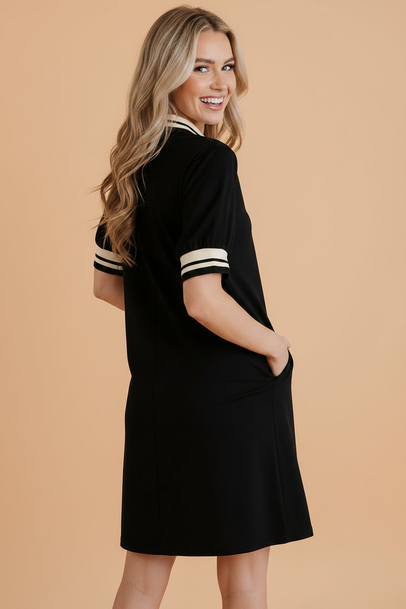 Stripe Trim Zipped Polo Collar Tee Dress