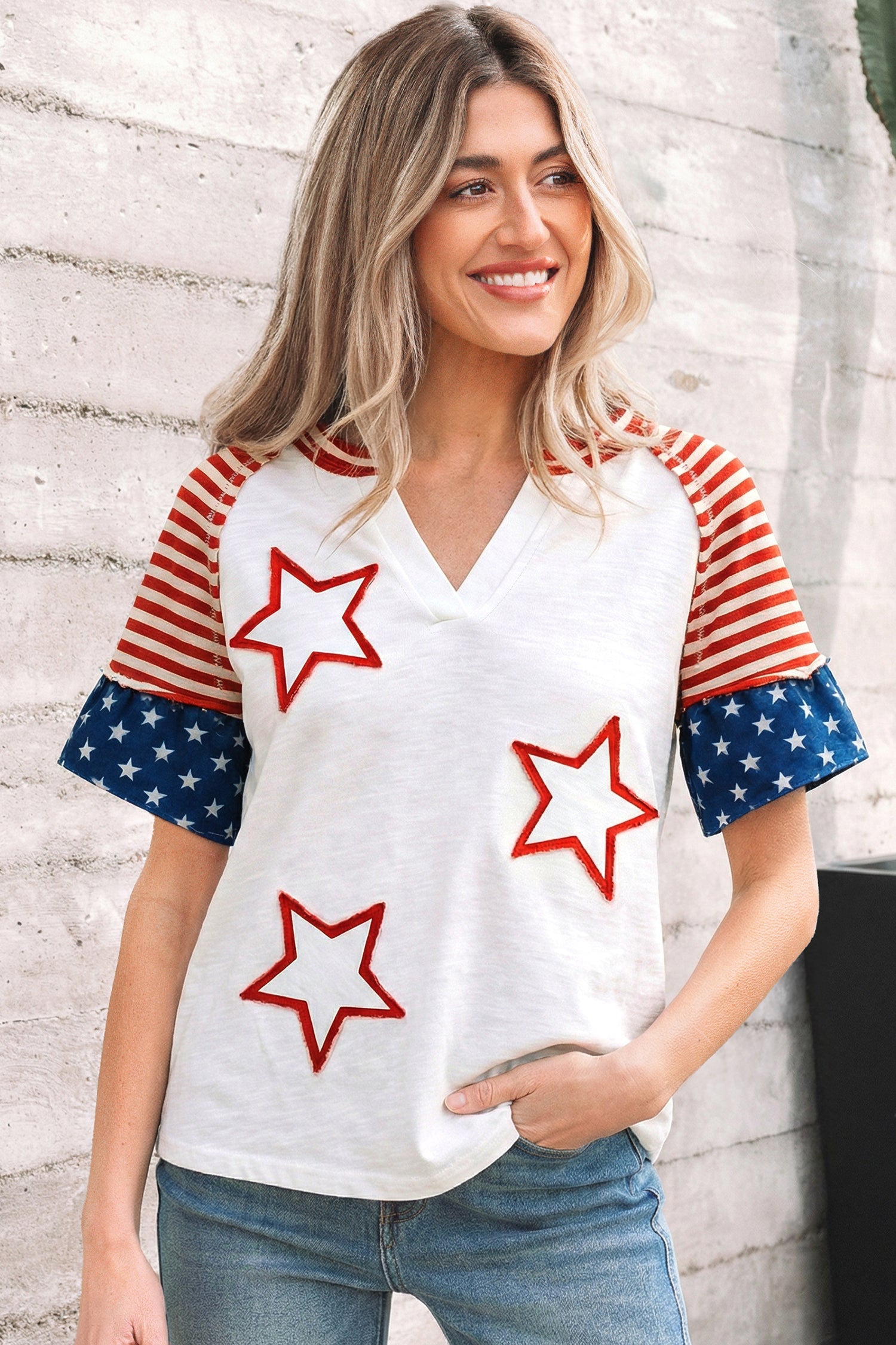 USA Flag Star Patchwork Short Sleeve Top
