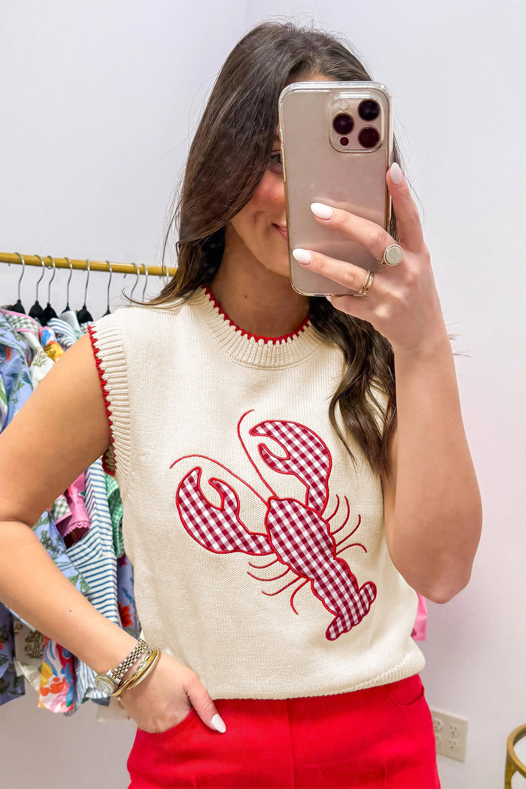 Gingham Plaid Crawfish Sleeveless Sweater Top