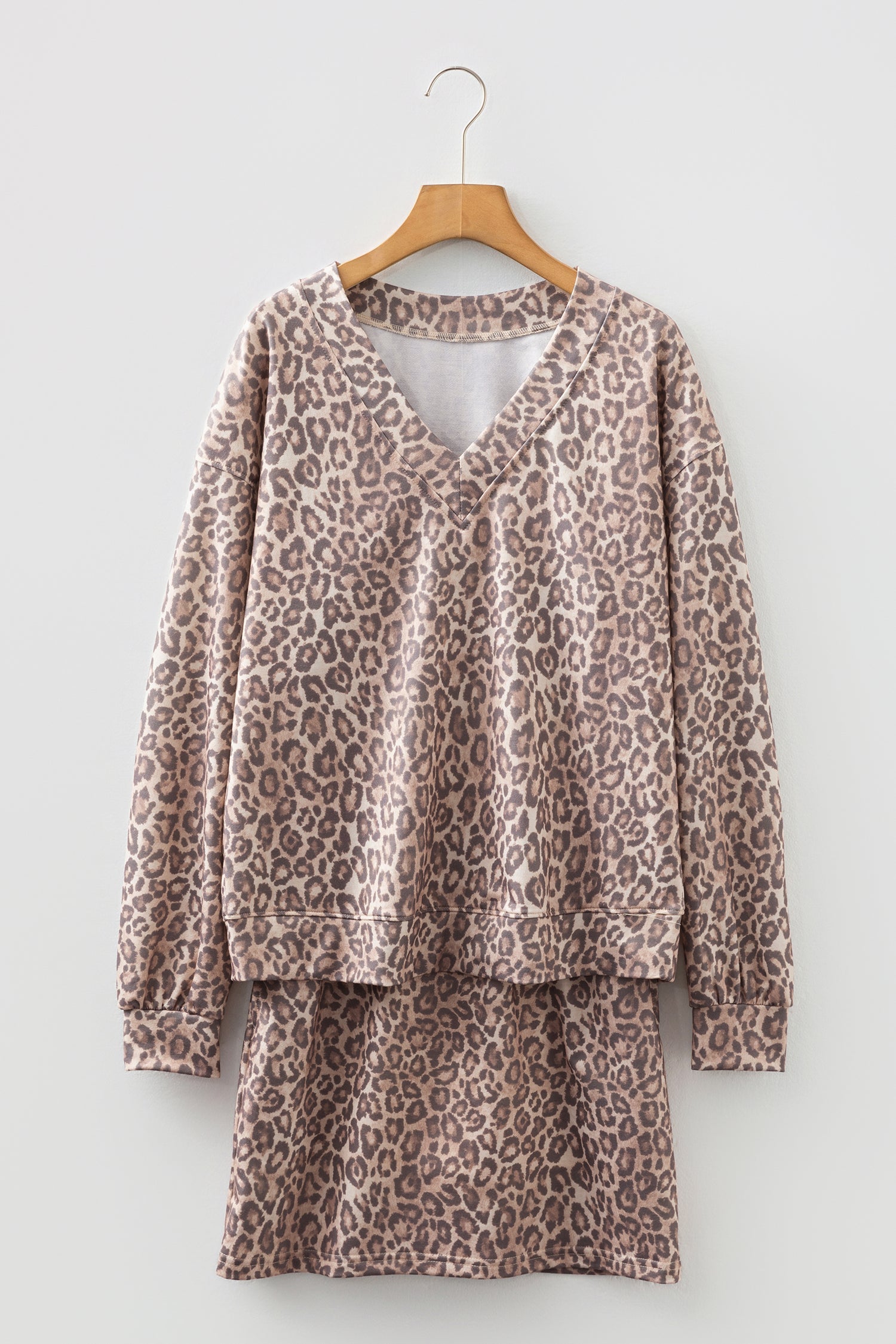 Leopard V-Neck Pullover & Wide-Waistband Skirt Set