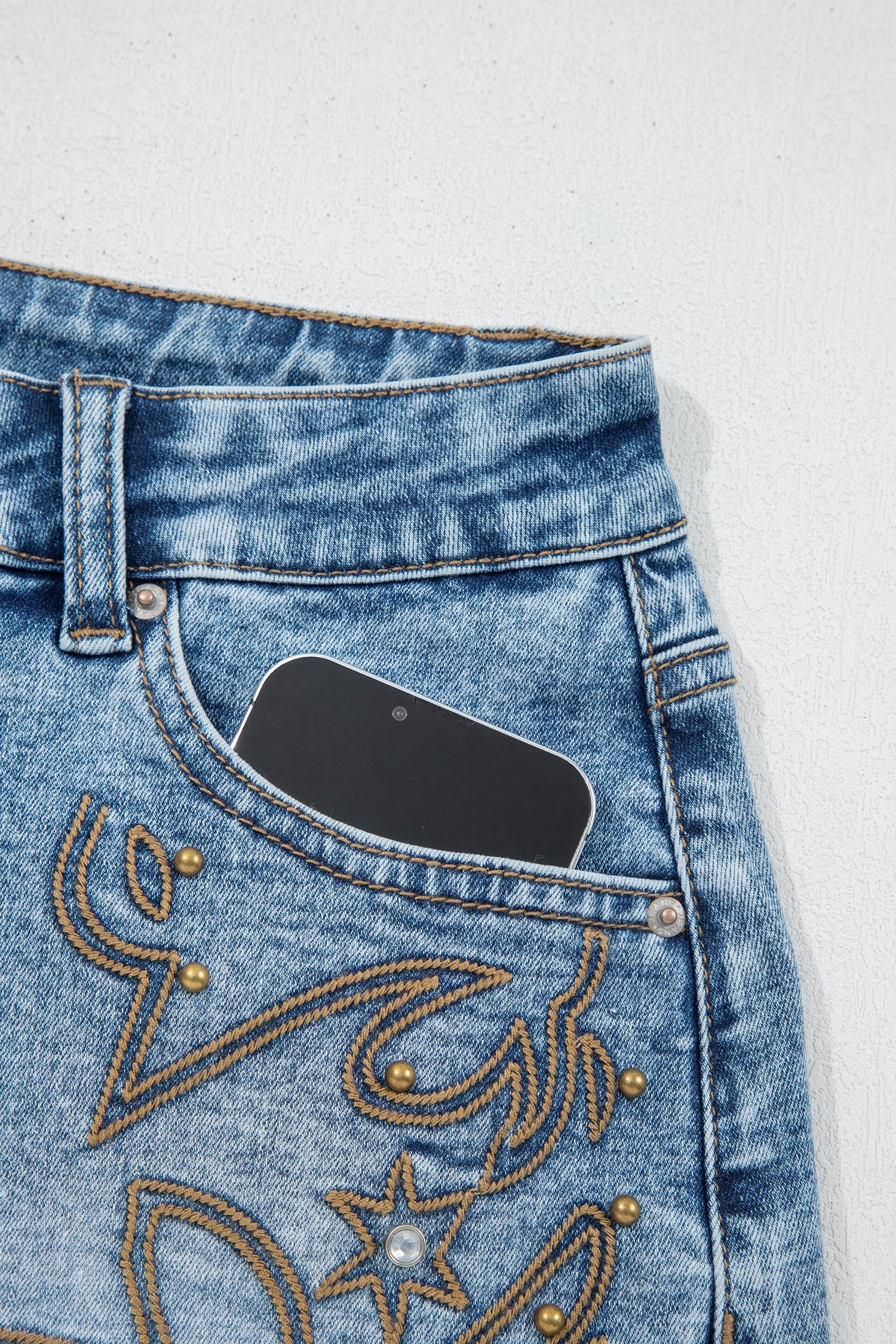 Western Embroidered Studded Denim Shorts