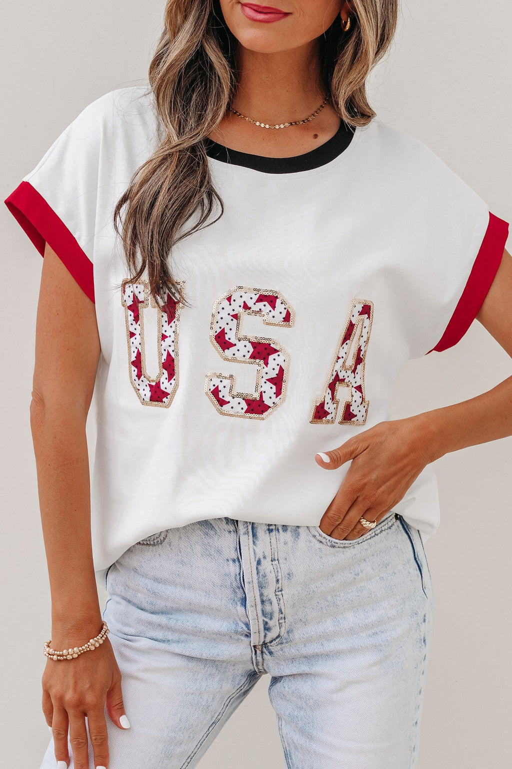 Sequin Star USA Patch Colorblock Trim T-Shirt